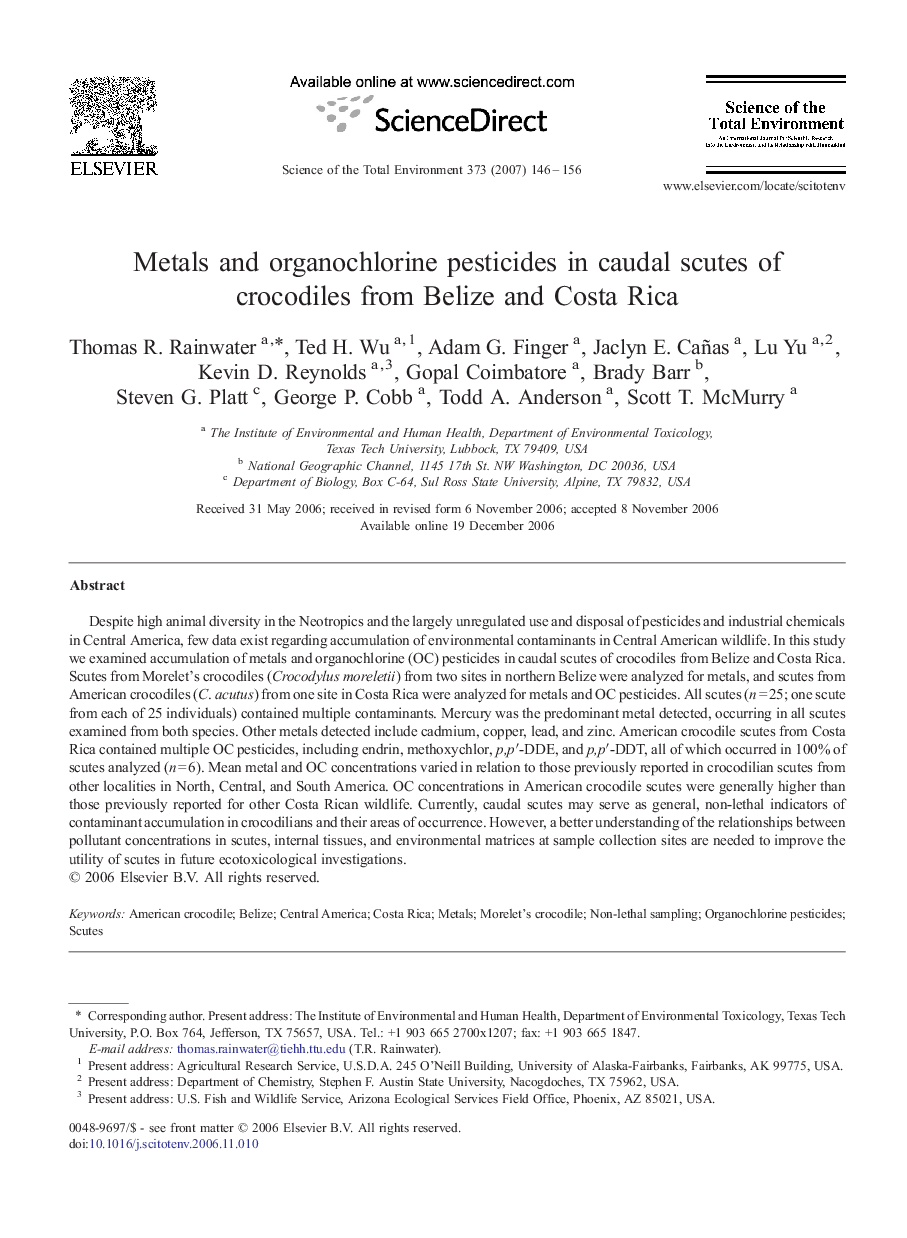 Metals and organochlorine pesticides in caudal scutes of crocodiles from Belize and Costa Rica