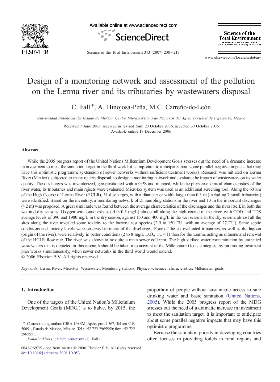 Design of a monitoring network and assessment of the pollution on the Lerma river and its tributaries by wastewaters disposal