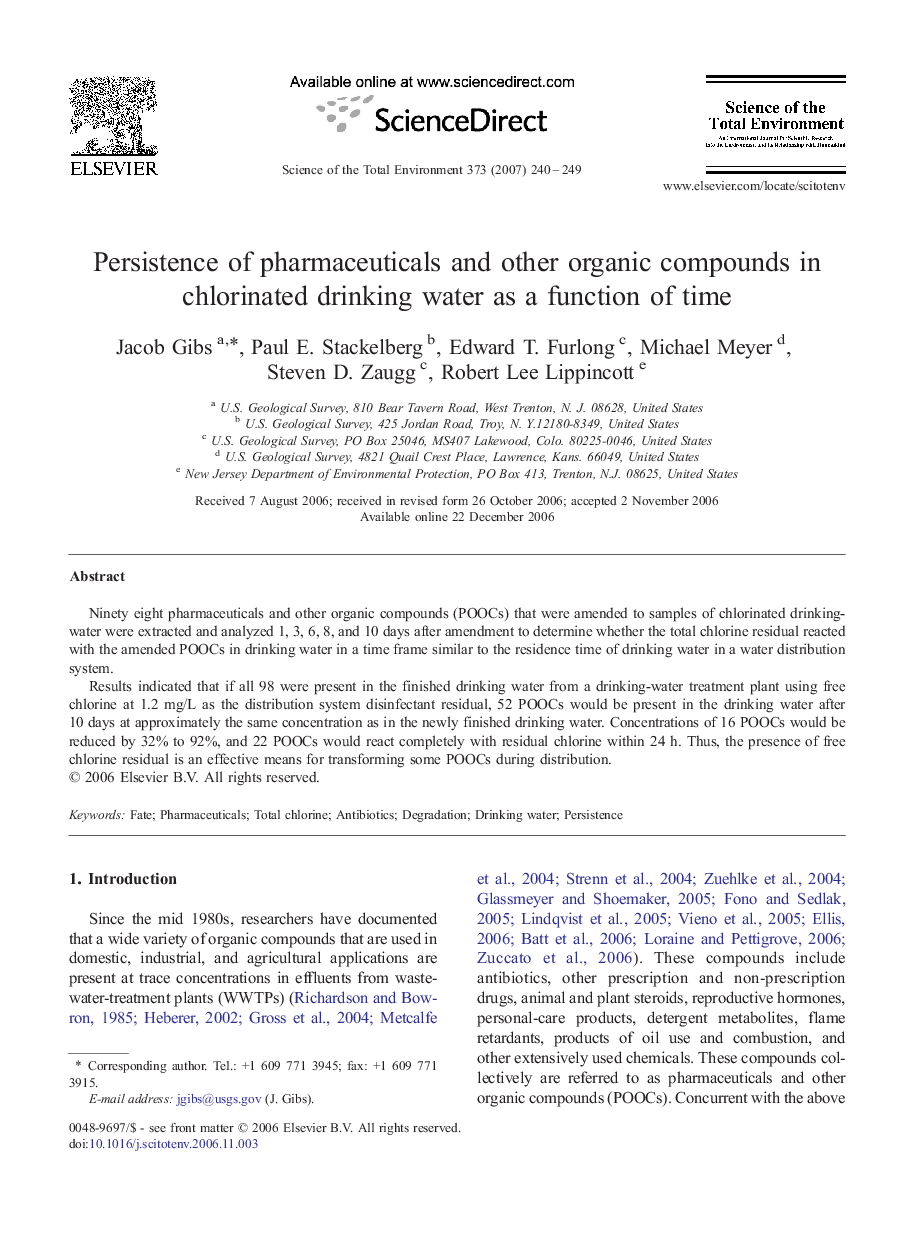 Persistence of pharmaceuticals and other organic compounds in chlorinated drinking water as a function of time