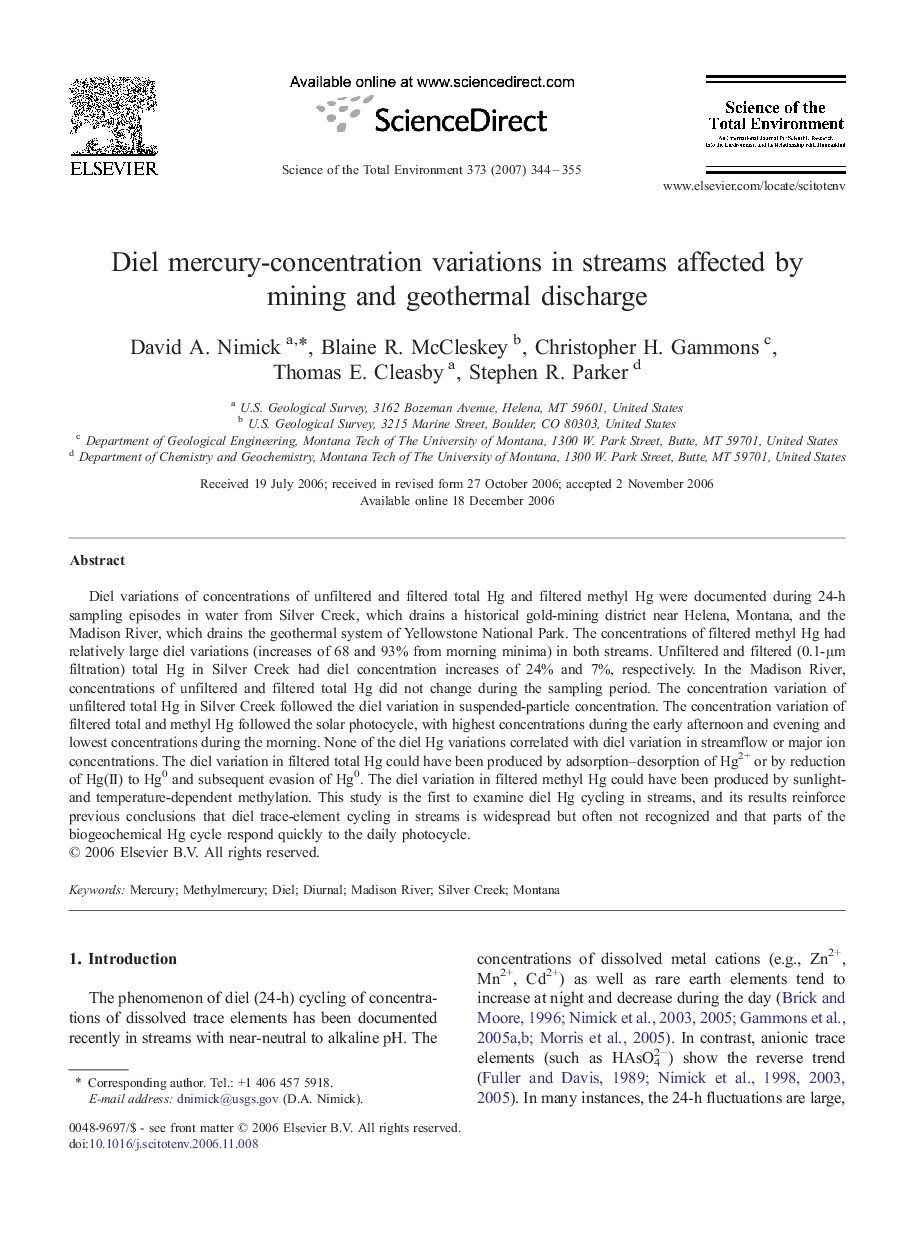 Diel mercury-concentration variations in streams affected by mining and geothermal discharge