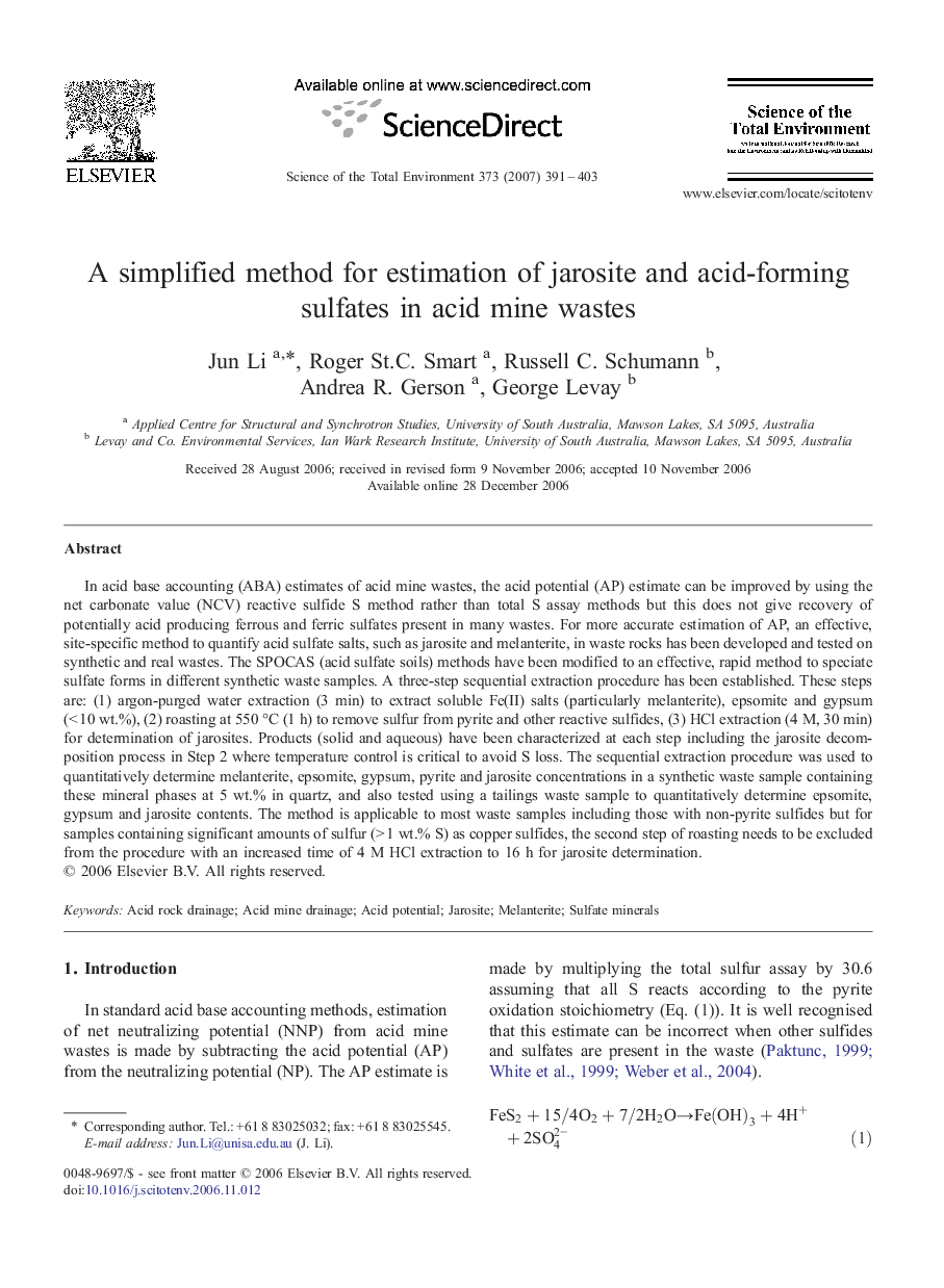 A simplified method for estimation of jarosite and acid-forming sulfates in acid mine wastes