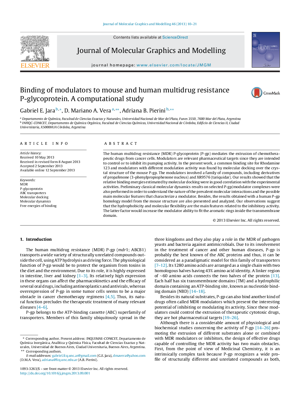 Binding of modulators to mouse and human multidrug resistance P-glycoprotein. A computational study