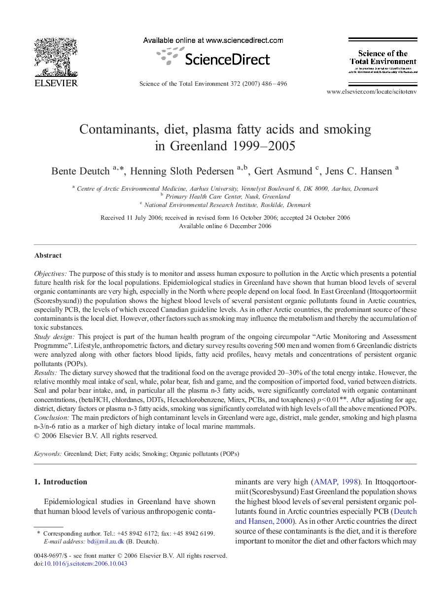 Contaminants, diet, plasma fatty acids and smoking in Greenland 1999–2005