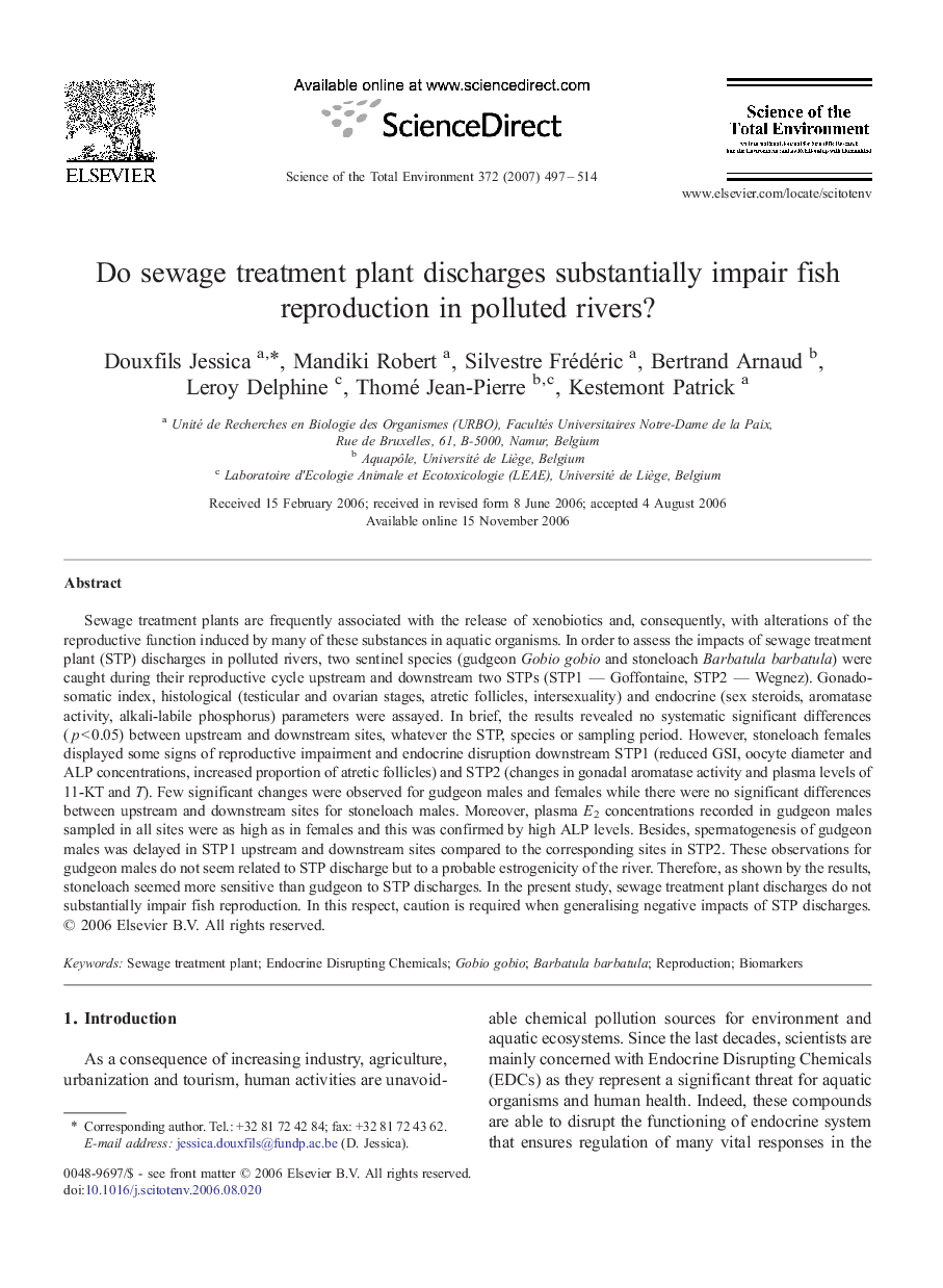 Do sewage treatment plant discharges substantially impair fish reproduction in polluted rivers?