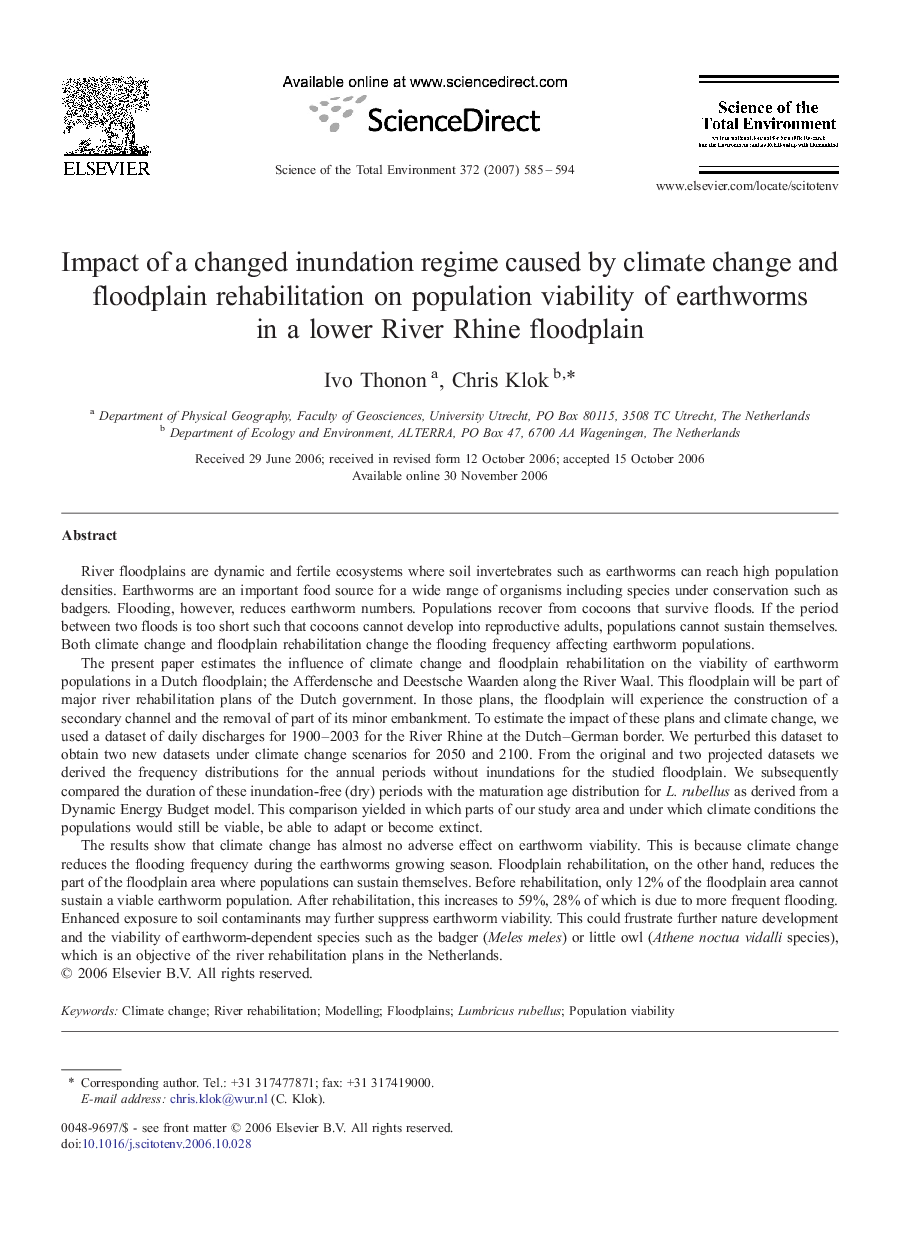 Impact of a changed inundation regime caused by climate change and floodplain rehabilitation on population viability of earthworms in a lower River Rhine floodplain