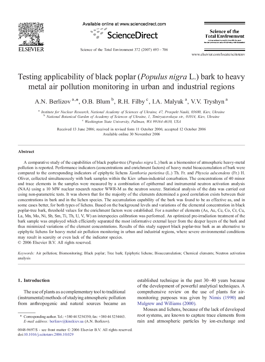 Testing applicability of black poplar (Populus nigra L.) bark to heavy metal air pollution monitoring in urban and industrial regions