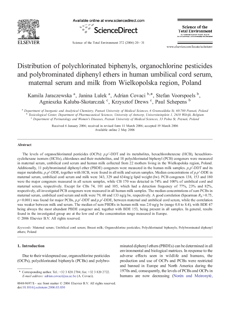 Distribution of polychlorinated biphenyls, organochlorine pesticides and polybrominated diphenyl ethers in human umbilical cord serum, maternal serum and milk from Wielkopolska region, Poland