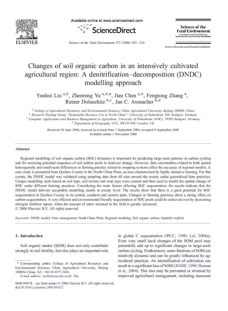 Changes of soil organic carbon in an intensively cultivated agricultural region: A denitrification–decomposition (DNDC) modelling approach