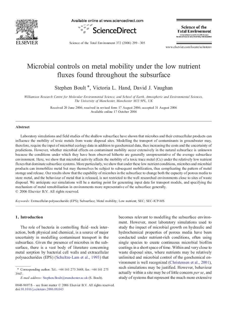 Microbial controls on metal mobility under the low nutrient fluxes found throughout the subsurface