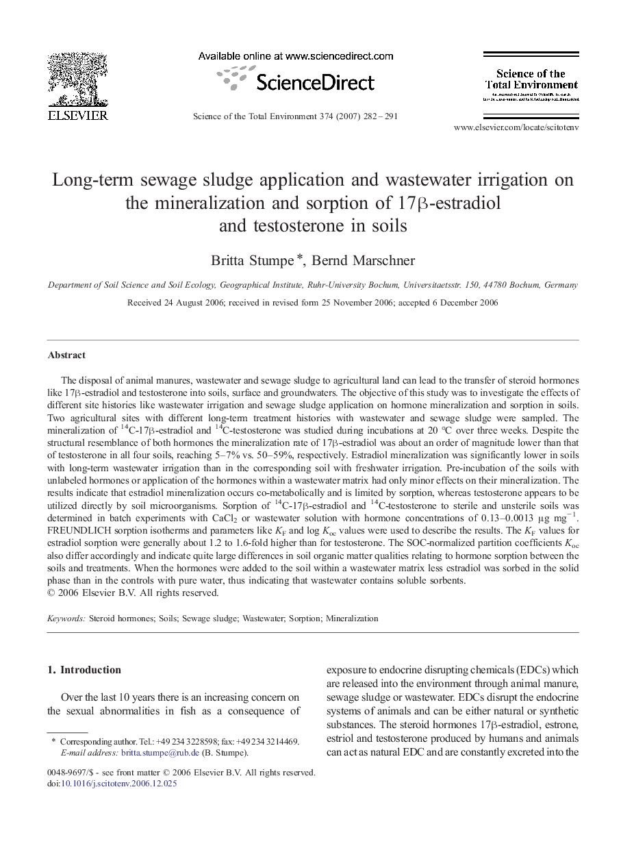 Long-term sewage sludge application and wastewater irrigation on the mineralization and sorption of 17β-estradiol and testosterone in soils