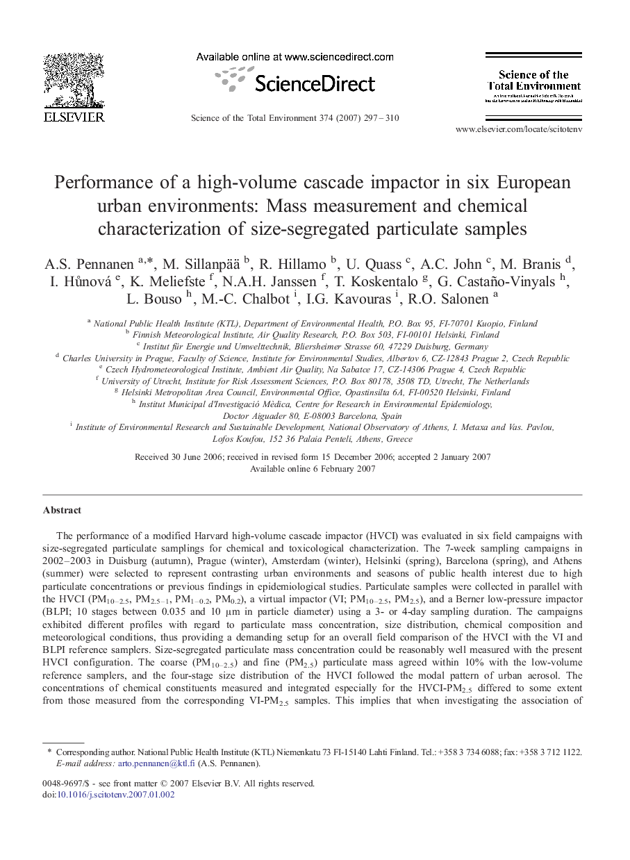 Performance of a high-volume cascade impactor in six European urban environments: Mass measurement and chemical characterization of size-segregated particulate samples