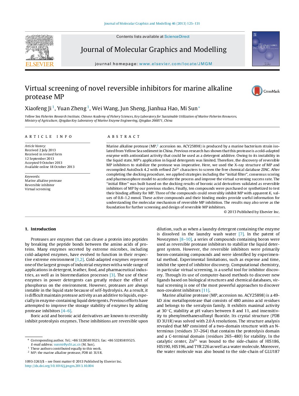 Virtual screening of novel reversible inhibitors for marine alkaline protease MP