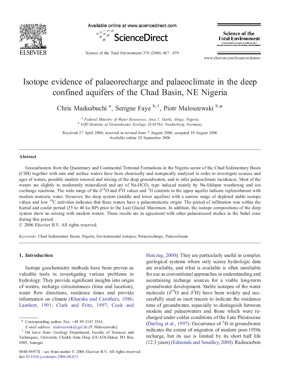 Isotope evidence of palaeorecharge and palaeoclimate in the deep confined aquifers of the Chad Basin, NE Nigeria