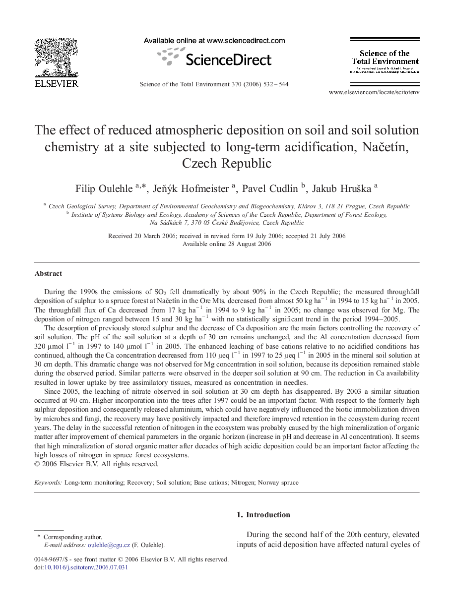 The effect of reduced atmospheric deposition on soil and soil solution chemistry at a site subjected to long-term acidification, Načetín, Czech Republic