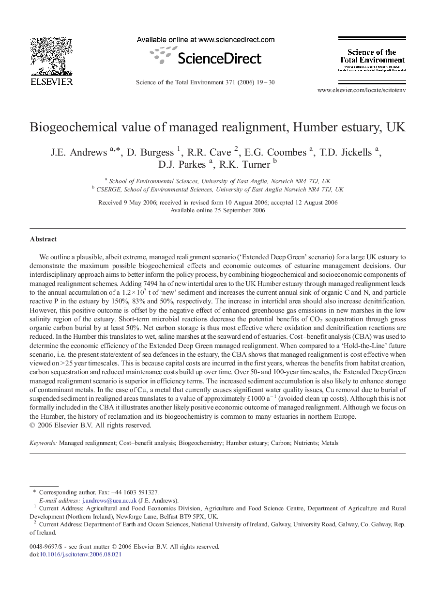 Biogeochemical value of managed realignment, Humber estuary, UK