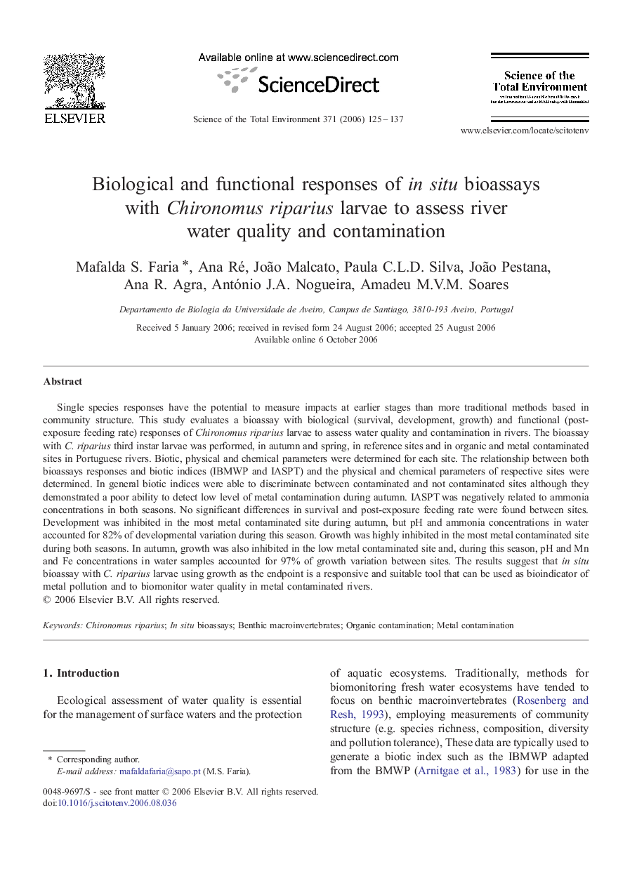 Biological and functional responses of in situ bioassays with Chironomus riparius larvae to assess river water quality and contamination