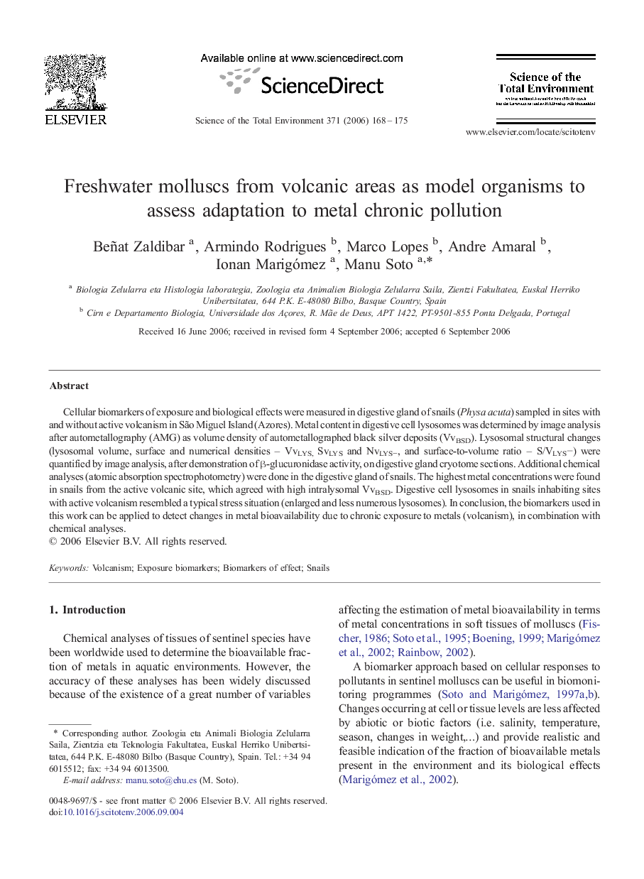 Freshwater molluscs from volcanic areas as model organisms to assess adaptation to metal chronic pollution