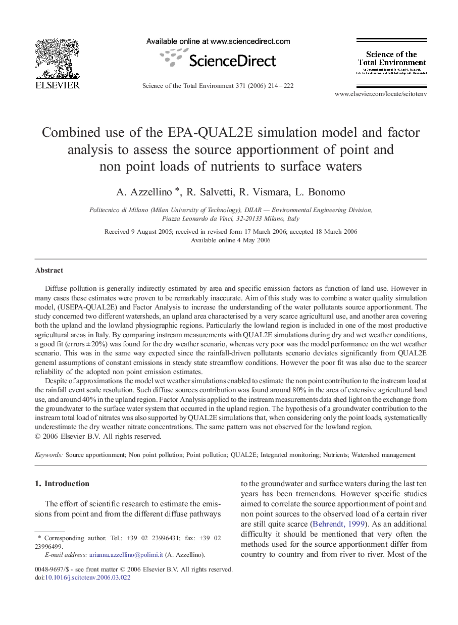 Combined use of the EPA-QUAL2E simulation model and factor analysis to assess the source apportionment of point and non point loads of nutrients to surface waters