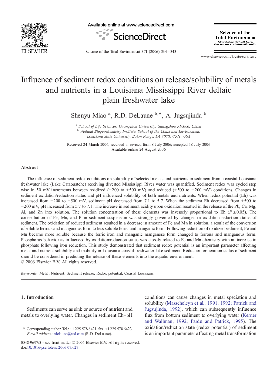 Influence of sediment redox conditions on release/solubility of metals and nutrients in a Louisiana Mississippi River deltaic plain freshwater lake