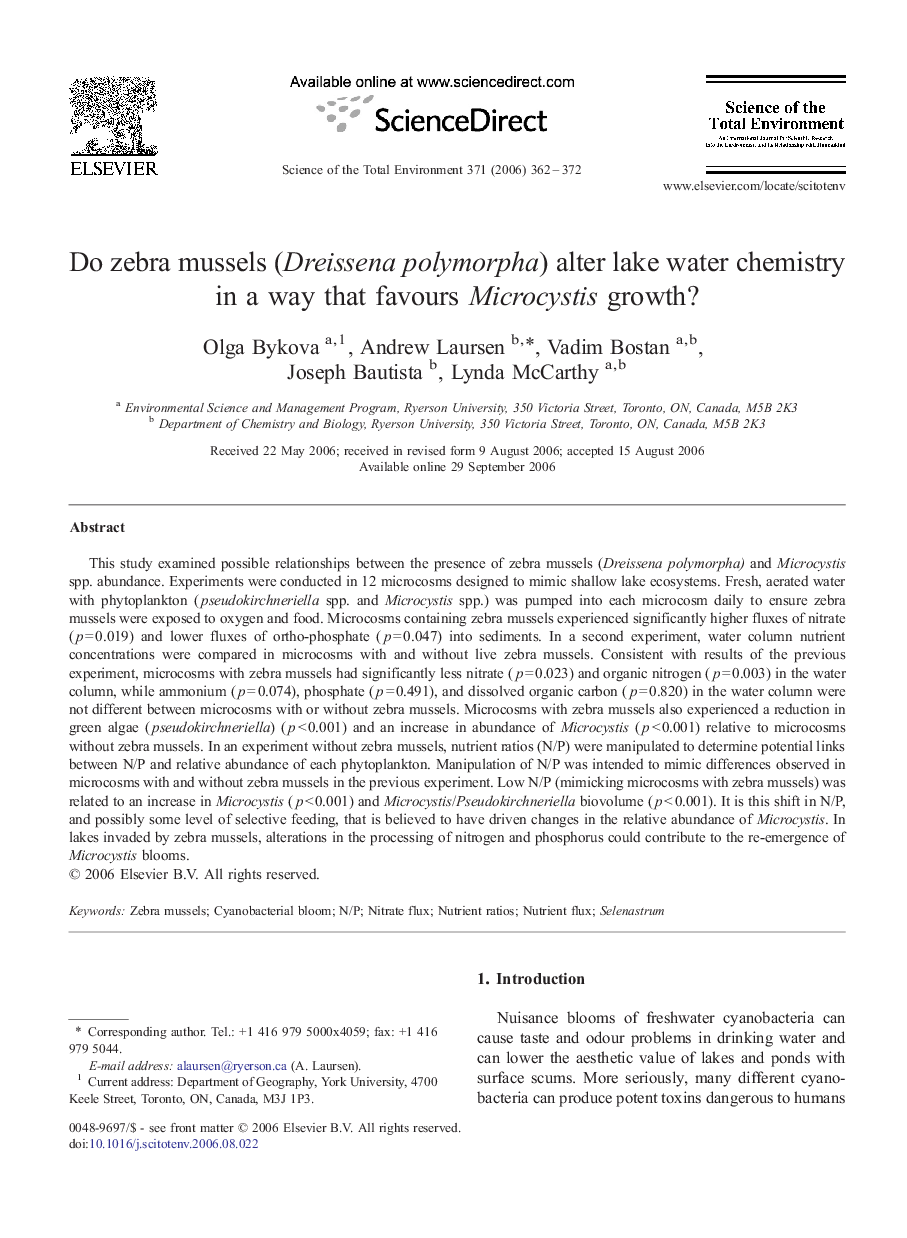 Do zebra mussels (Dreissena polymorpha) alter lake water chemistry in a way that favours Microcystis growth?