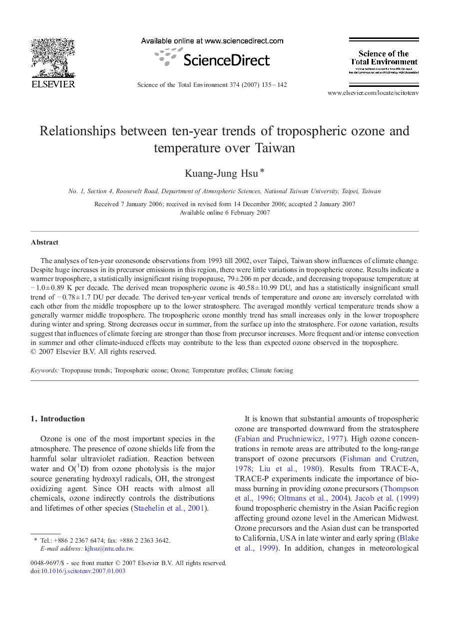 Relationships between ten-year trends of tropospheric ozone and temperature over Taiwan