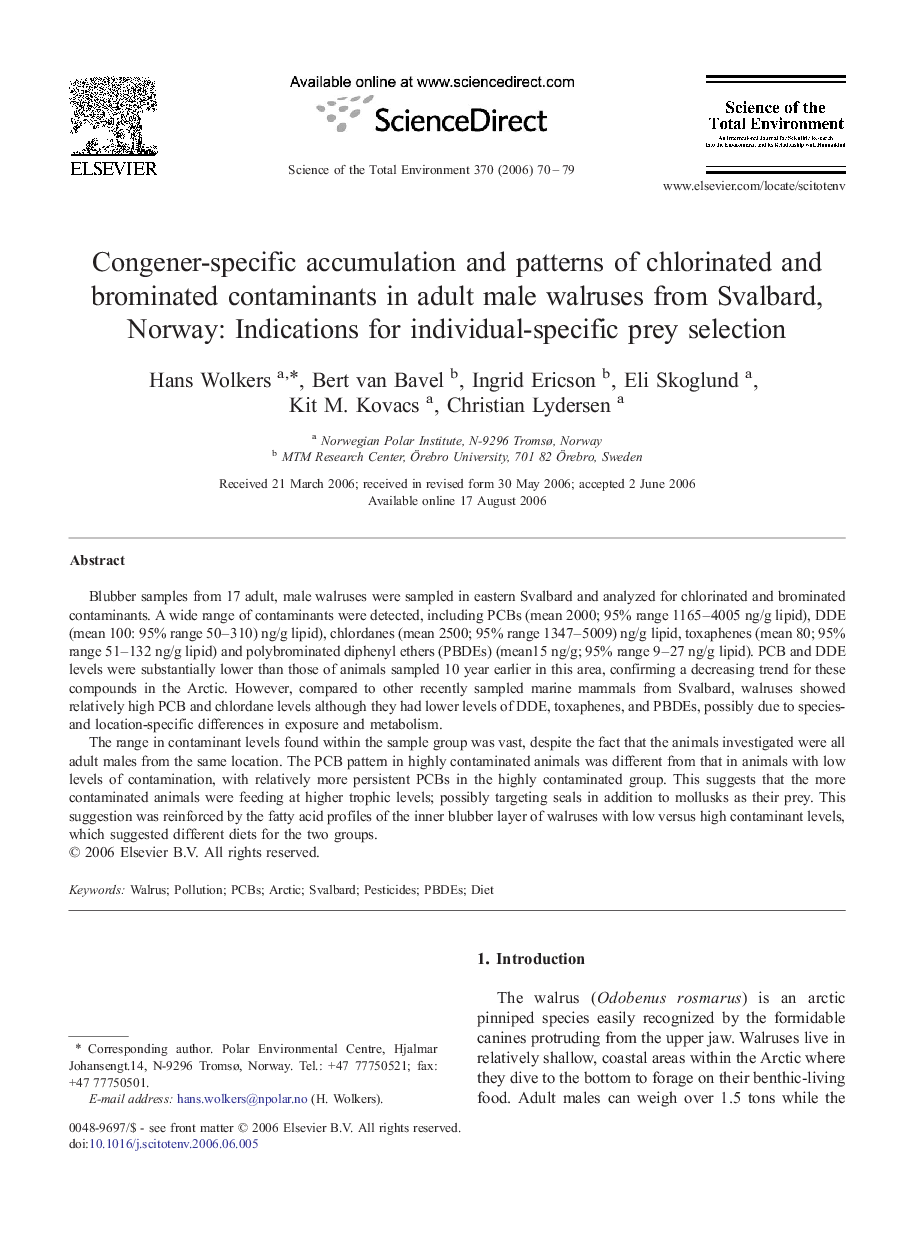 عکس صفحه اول مقاله: Congener-specific accumulation and patterns of chlorinated and brominated contaminants in adult male walruses from Svalbard, Norway: Indications for individual-specific prey selection Congener-specific accumulation and patterns of chlorinated and brominated contaminants in adult male walruses from Svalbard, Norway: Indications for individual-specific prey selection