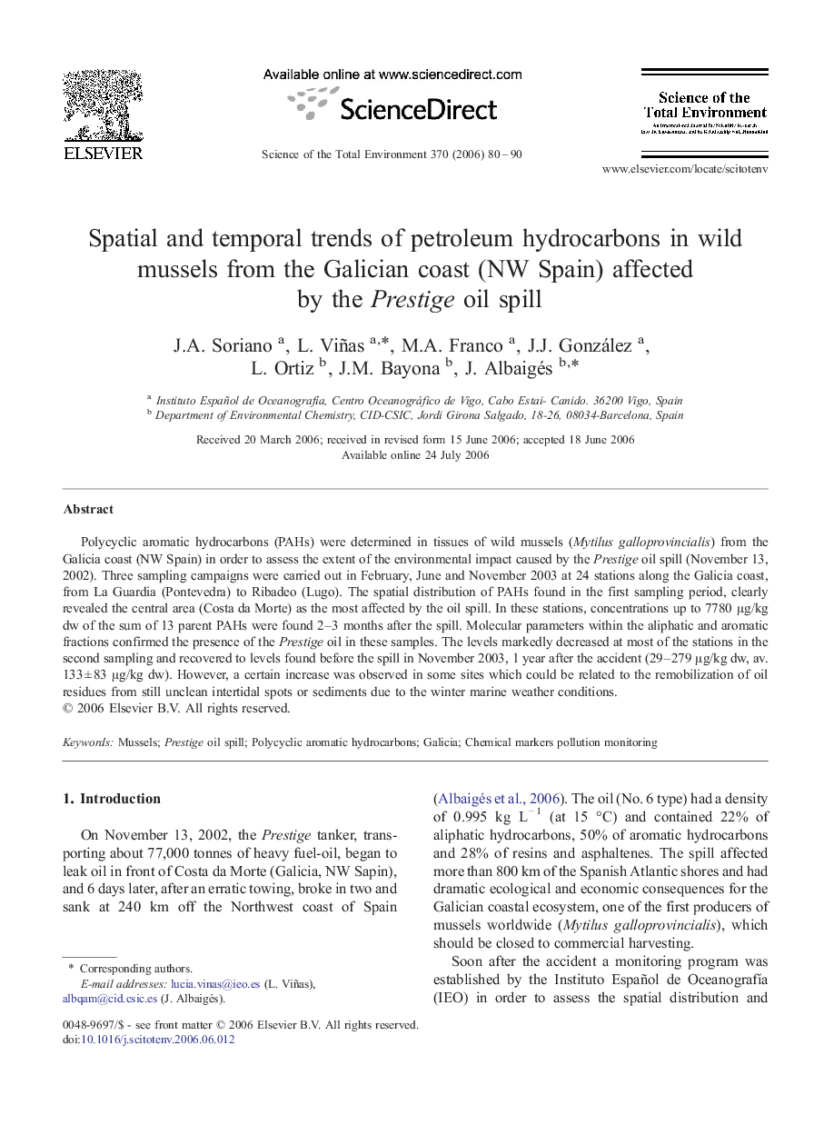 Spatial and temporal trends of petroleum hydrocarbons in wild mussels from the Galician coast (NW Spain) affected by the Prestige oil spill