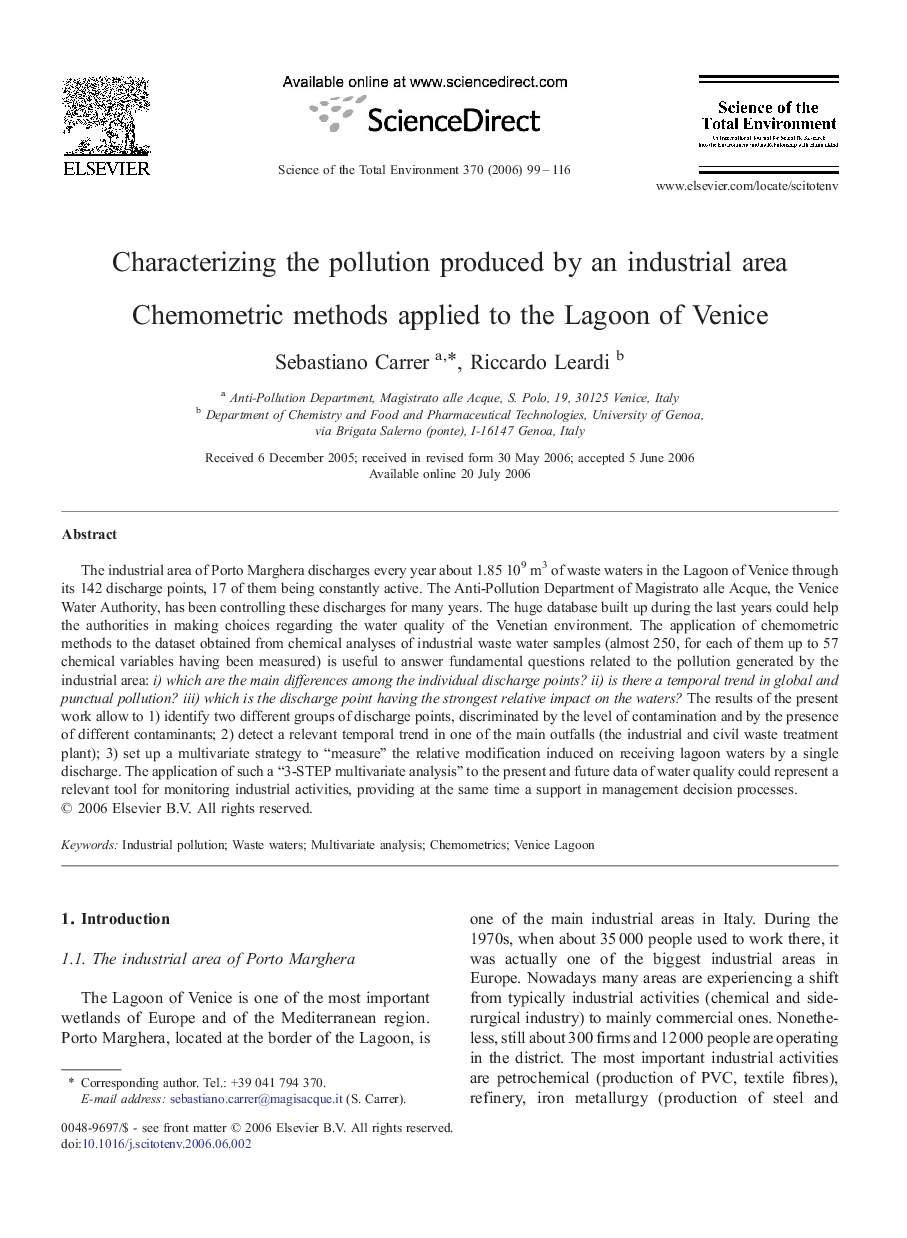 Characterizing the pollution produced by an industrial area: Chemometric methods applied to the Lagoon of Venice