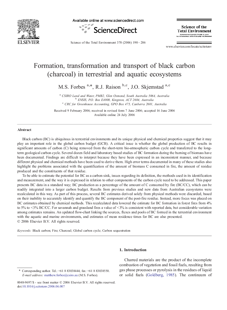 Formation, transformation and transport of black carbon (charcoal) in terrestrial and aquatic ecosystems