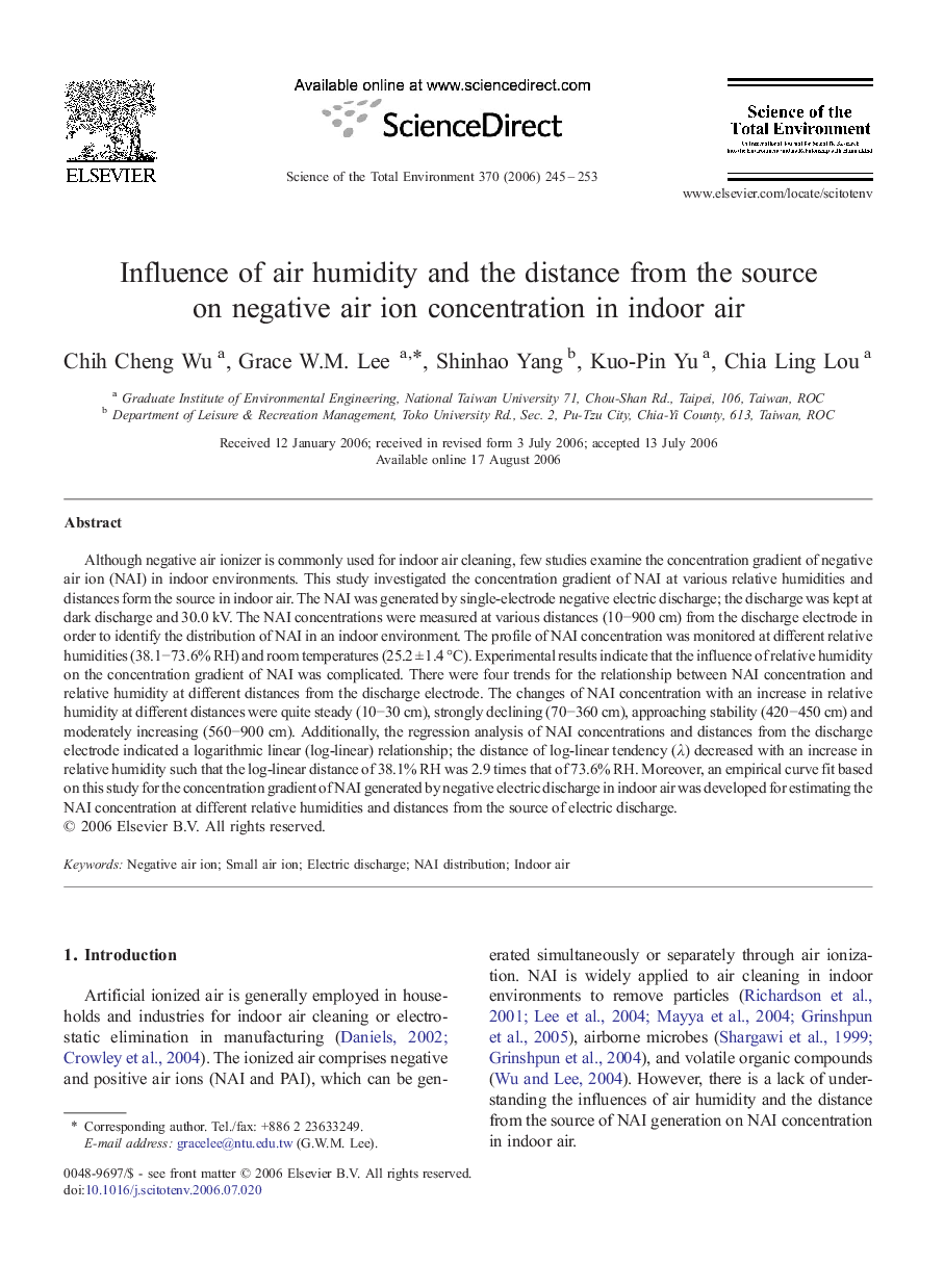 Influence of air humidity and the distance from the source on negative air ion concentration in indoor air