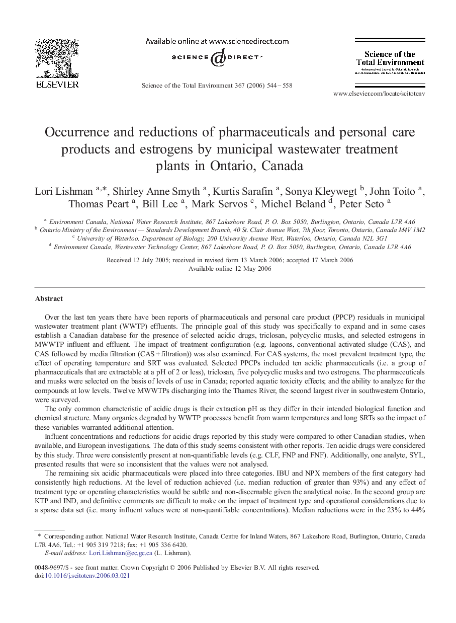 Occurrence and reductions of pharmaceuticals and personal care products and estrogens by municipal wastewater treatment plants in Ontario, Canada