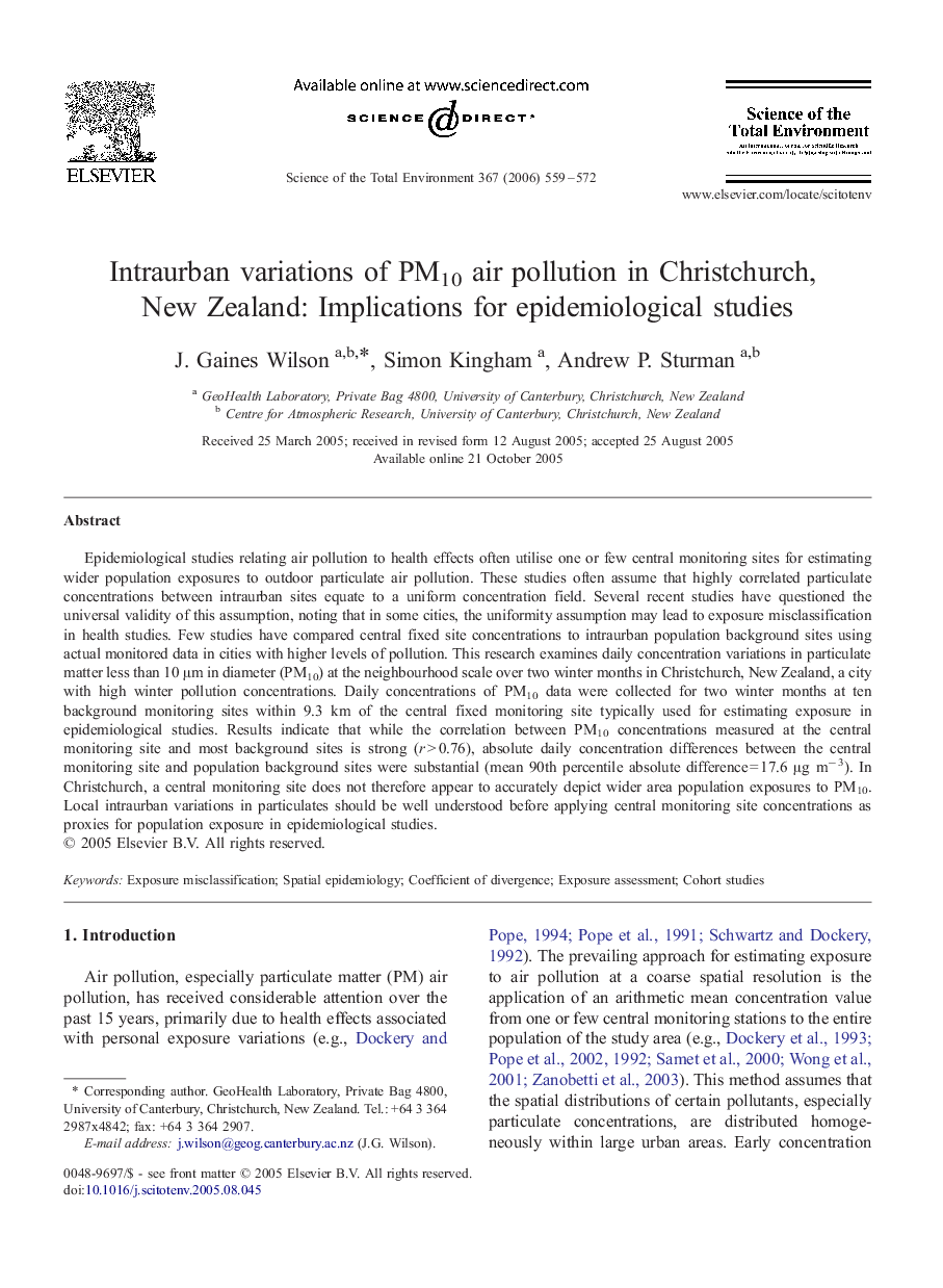 Intraurban variations of PM10 air pollution in Christchurch, New Zealand: Implications for epidemiological studies