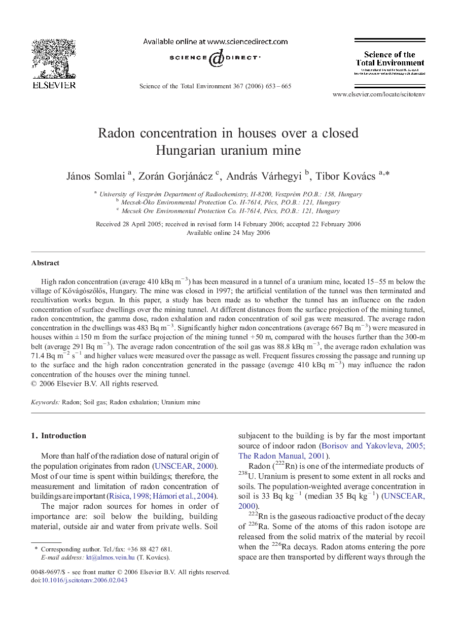 Radon concentration in houses over a closed Hungarian uranium mine