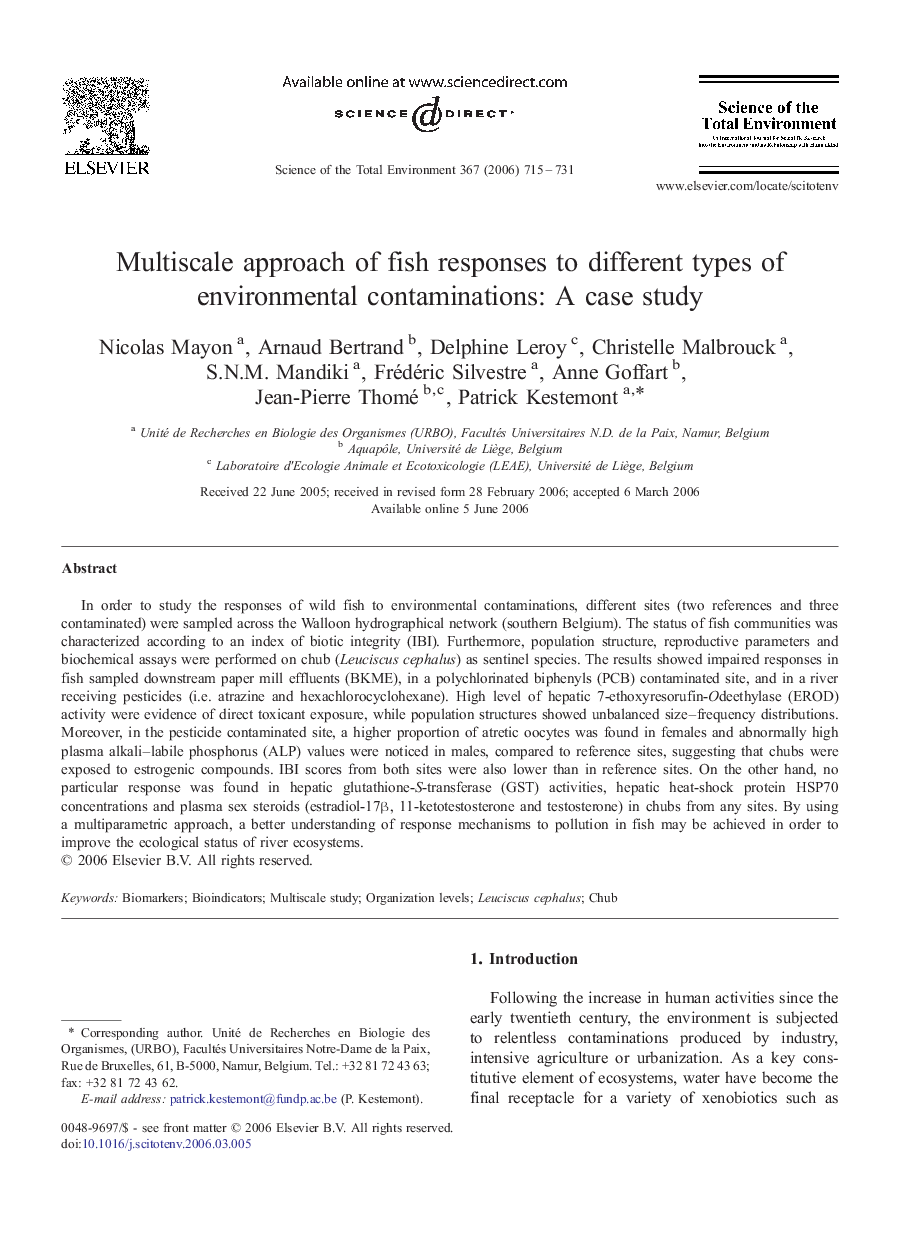 Multiscale approach of fish responses to different types of environmental contaminations: A case study