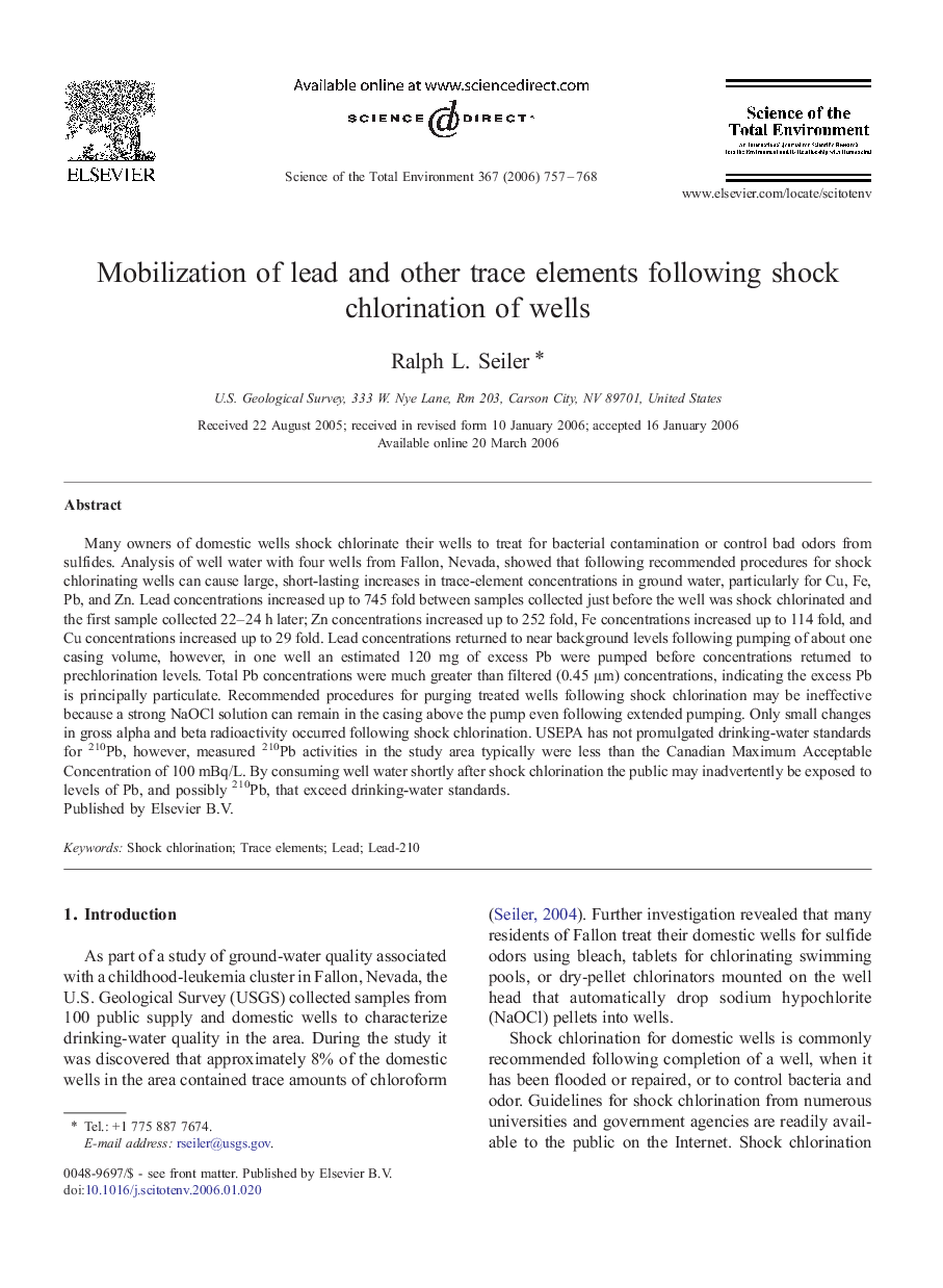 Mobilization of lead and other trace elements following shock chlorination of wells