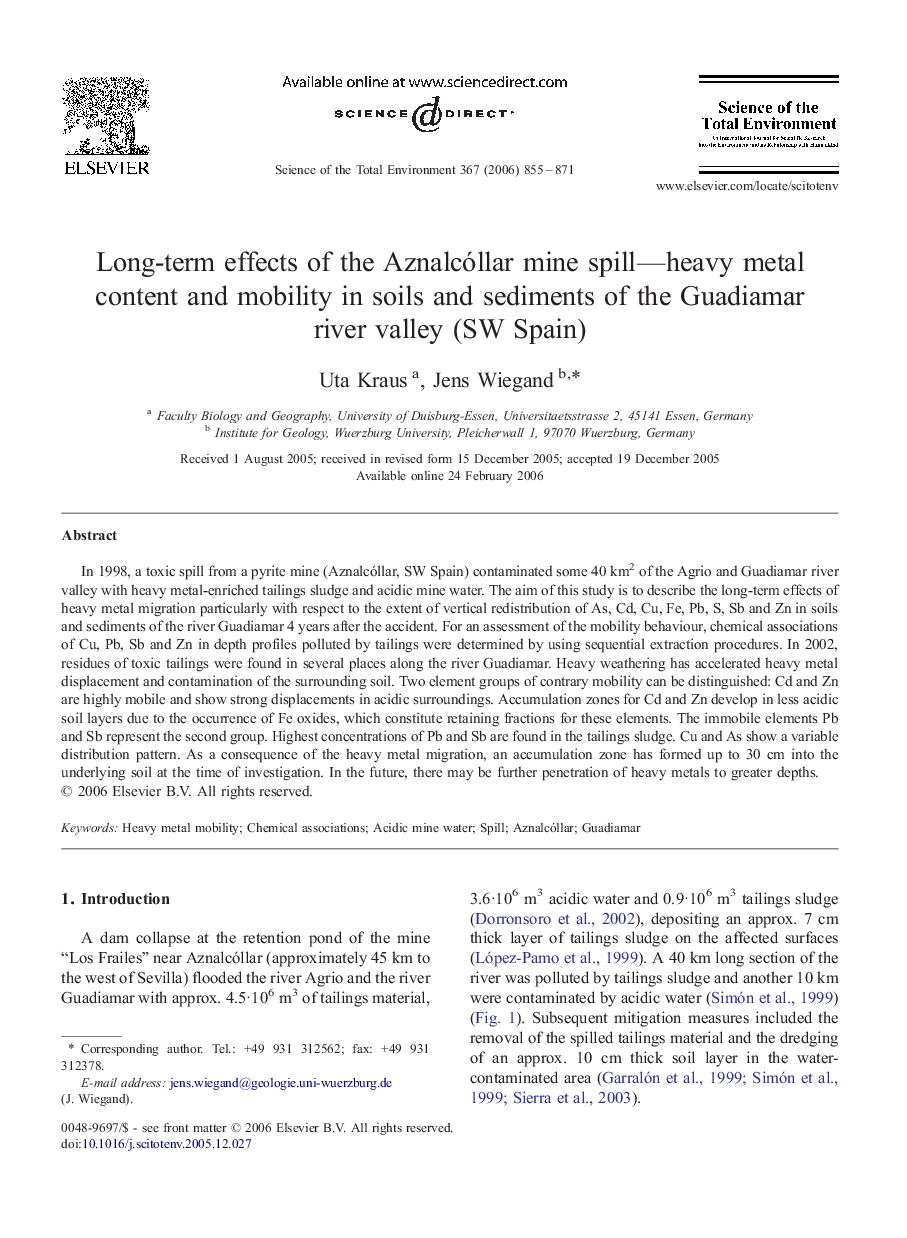 Long-term effects of the Aznalcóllar mine spill—heavy metal content and mobility in soils and sediments of the Guadiamar river valley (SW Spain)