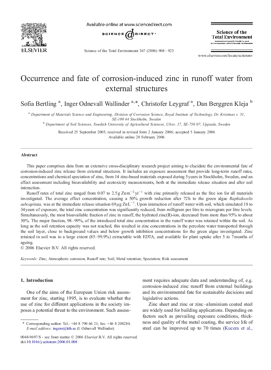 Occurrence and fate of corrosion-induced zinc in runoff water from external structures