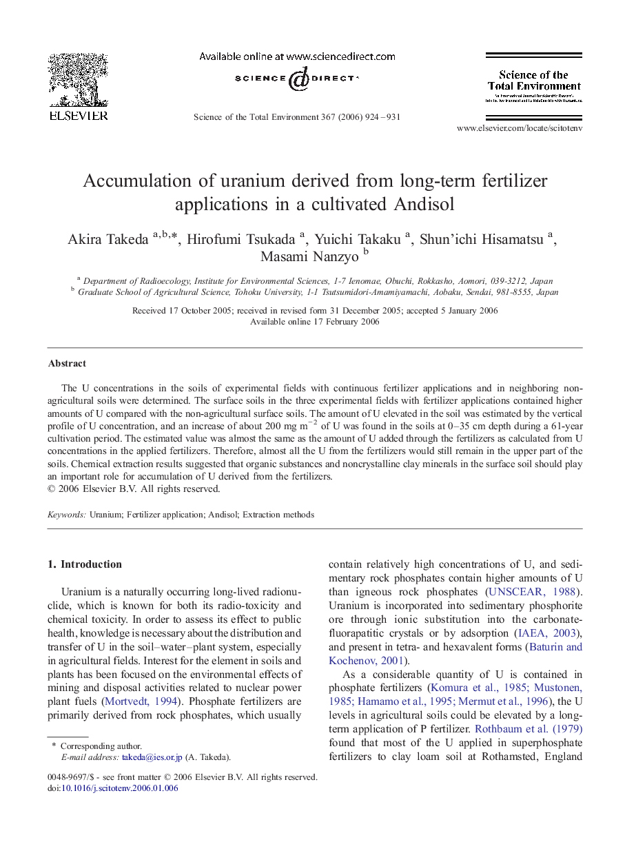 Accumulation of uranium derived from long-term fertilizer applications in a cultivated Andisol