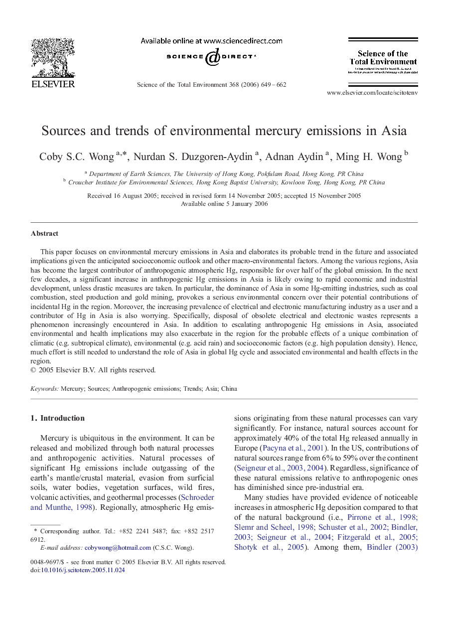 Sources and trends of environmental mercury emissions in Asia