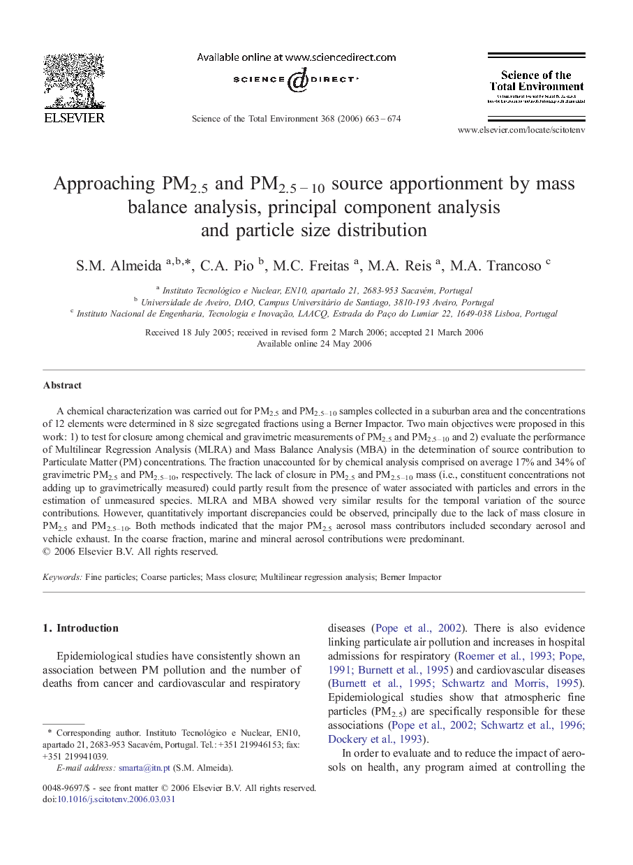 Approaching PM2.5 and PM2.5 − 10 source apportionment by mass balance analysis, principal component analysis and particle size distribution