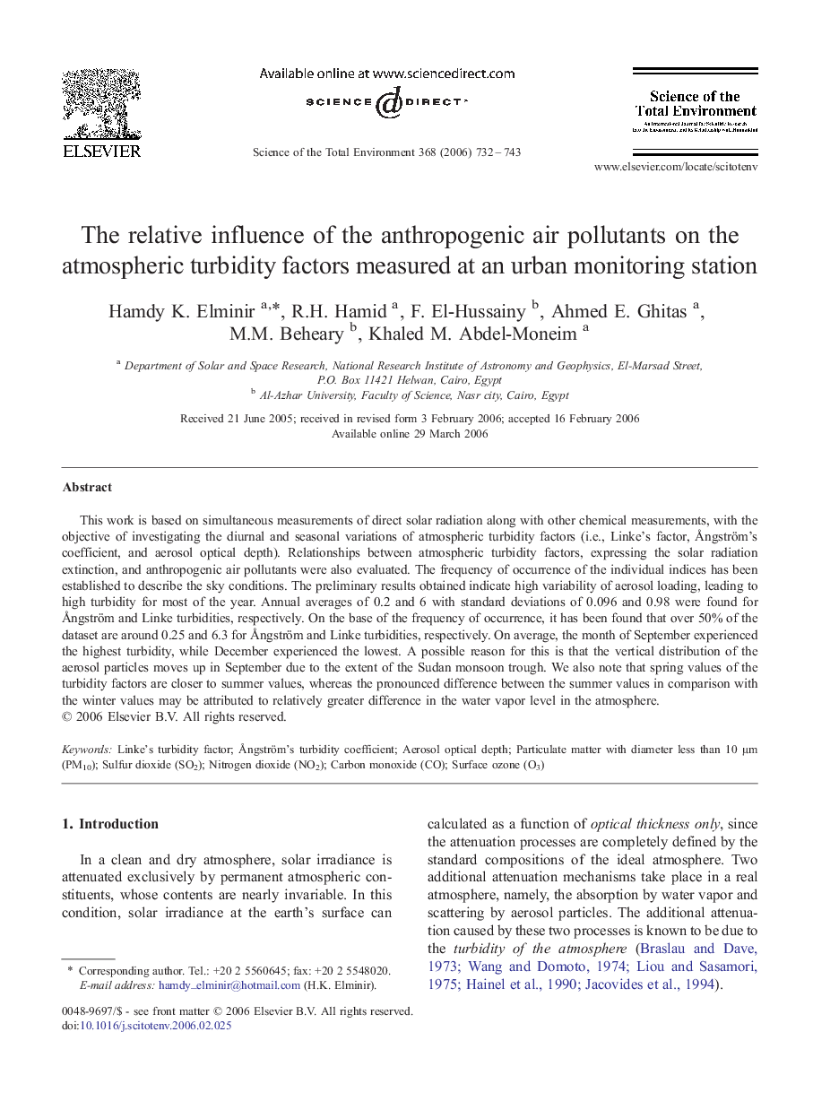 The relative influence of the anthropogenic air pollutants on the atmospheric turbidity factors measured at an urban monitoring station