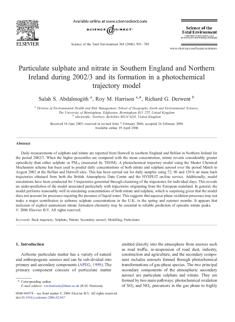 Particulate sulphate and nitrate in Southern England and Northern Ireland during 2002/3 and its formation in a photochemical trajectory model