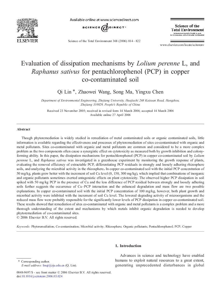 Evaluation of dissipation mechanisms by Lolium perenne L, and Raphanus sativus for pentachlorophenol (PCP) in copper co-contaminated soil