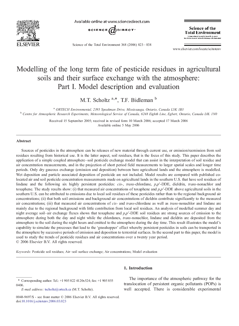 Modelling of the long term fate of pesticide residues in agricultural soils and their surface exchange with the atmosphere: Part I. Model description and evaluation