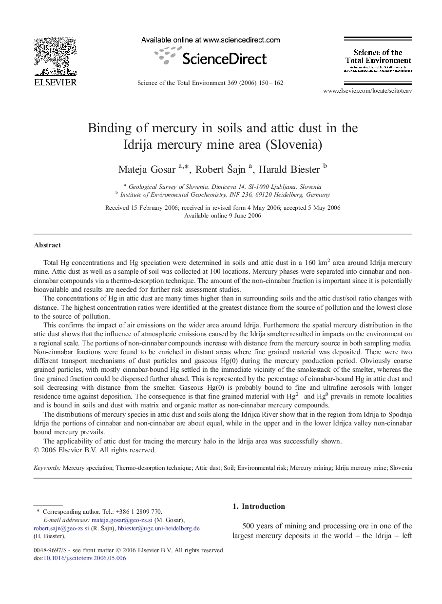 Binding of mercury in soils and attic dust in the Idrija mercury mine area (Slovenia)