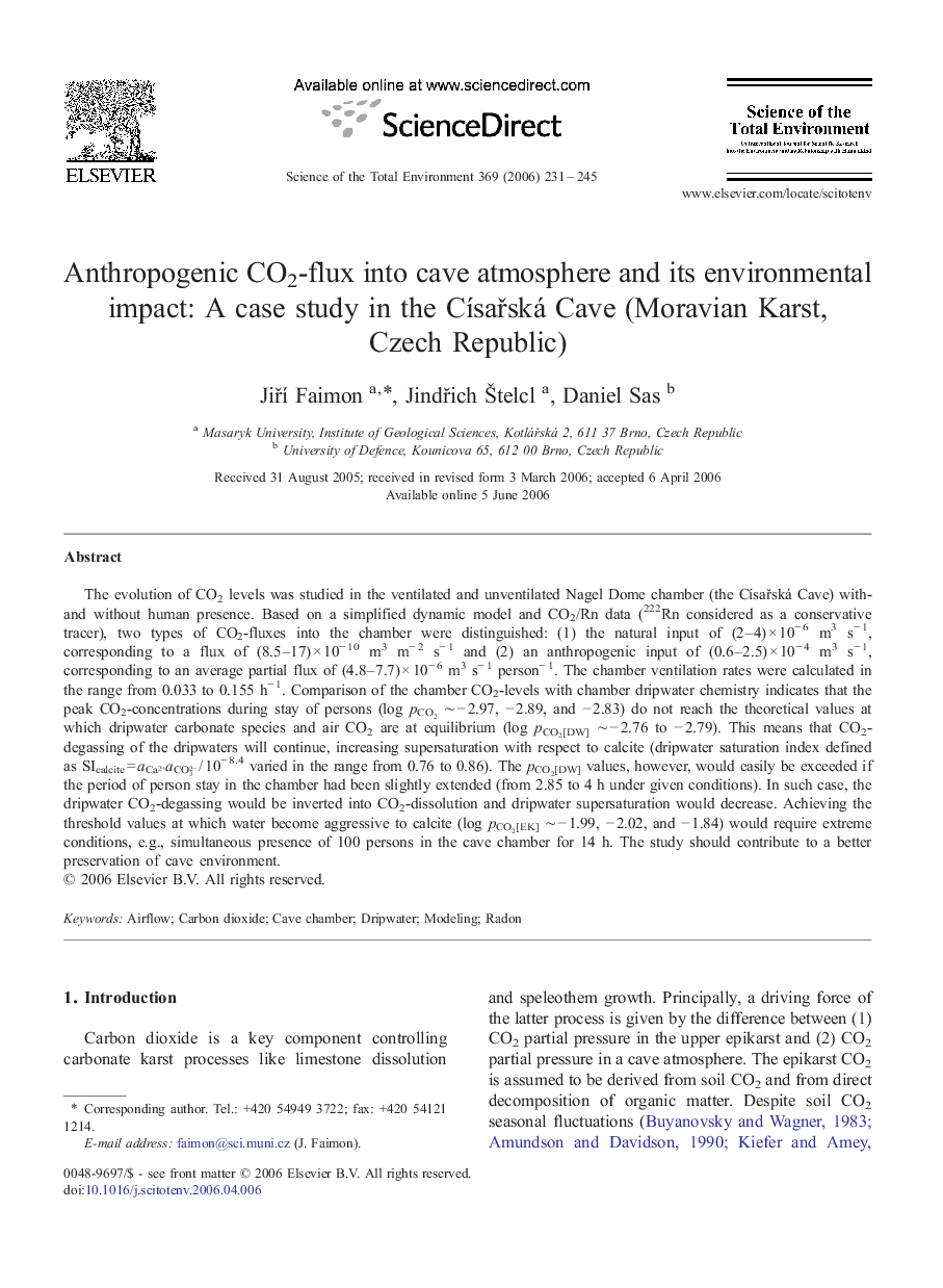 Anthropogenic CO2-flux into cave atmosphere and its environmental impact: A case study in the Císařská Cave (Moravian Karst, Czech Republic)