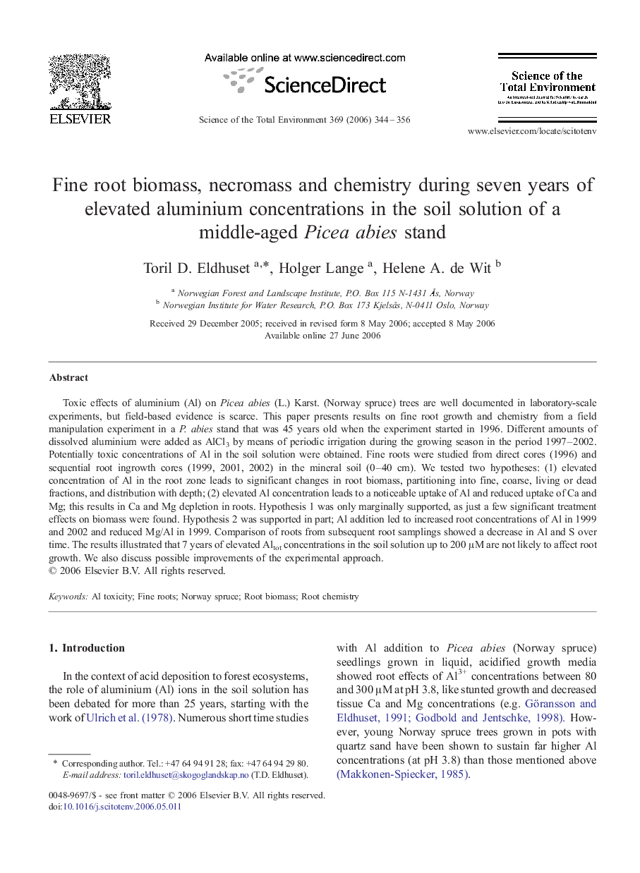 Fine root biomass, necromass and chemistry during seven years of elevated aluminium concentrations in the soil solution of a middle-aged Picea abies stand