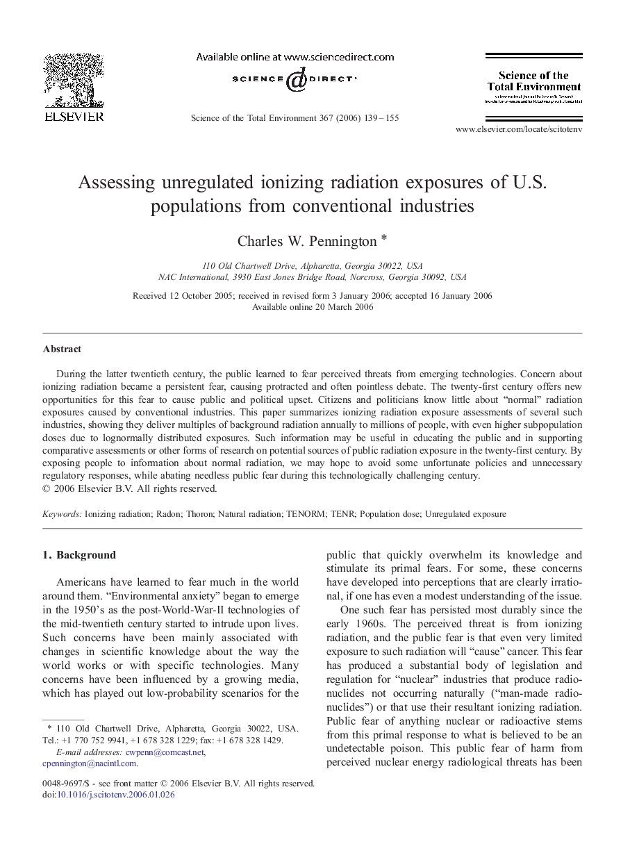 Assessing unregulated ionizing radiation exposures of U.S. populations from conventional industries