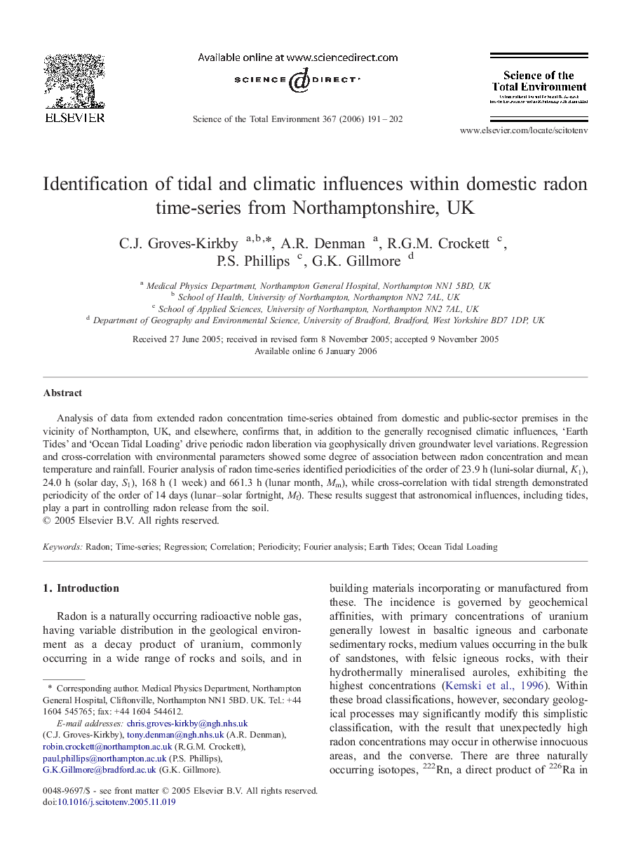 Identification of tidal and climatic influences within domestic radon time-series from Northamptonshire, UK