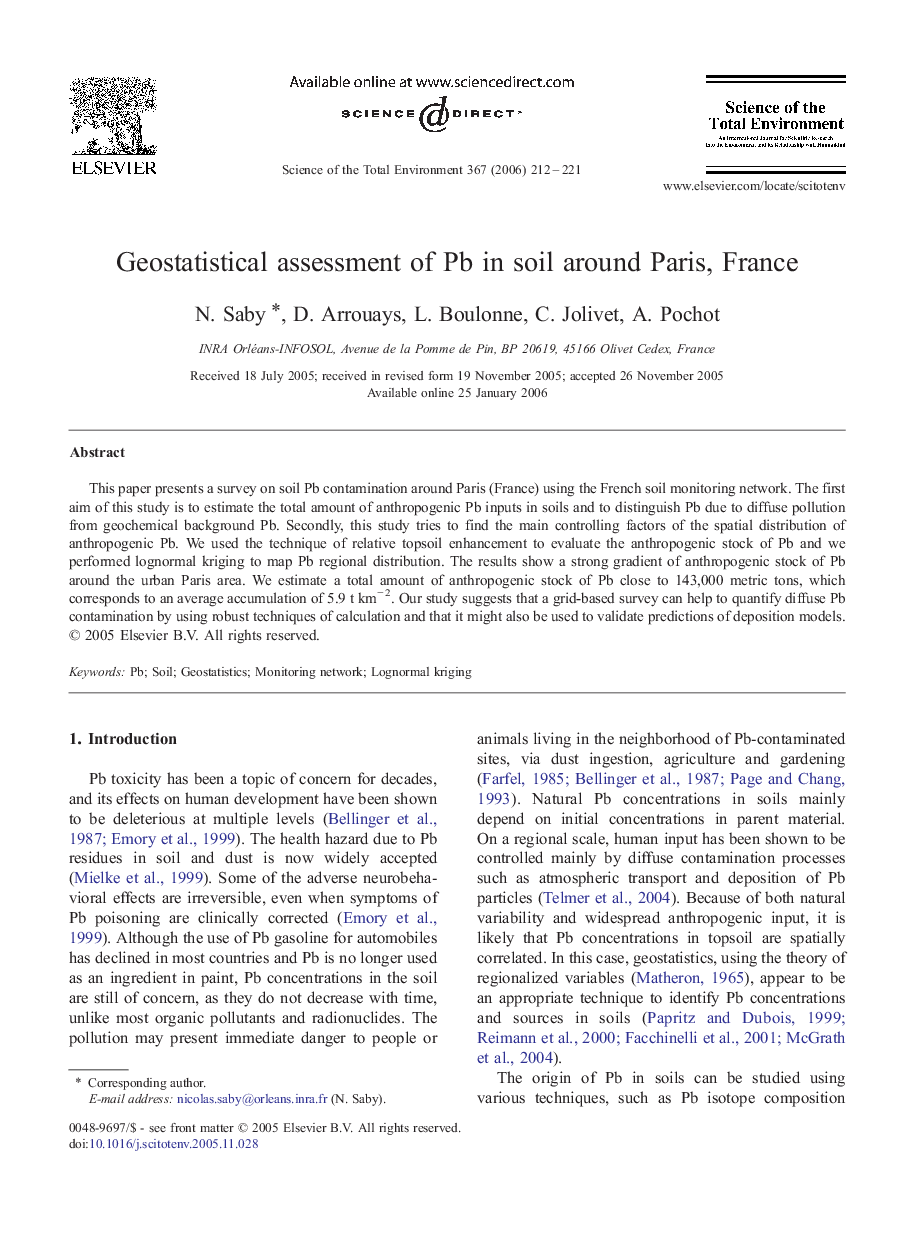 Geostatistical assessment of Pb in soil around Paris, France